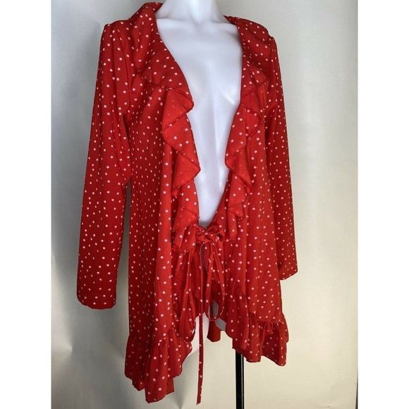 Womens Shirt tie knot front cover up Ruffle Star Crop long sleeve Top Large - Picture 1 of 12